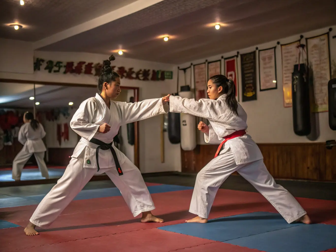 A dynamic image of advanced karate practitioners engaged in sparring, demonstrating complex techniques and agility, highlighting the intensity and skill involved in advanced training.