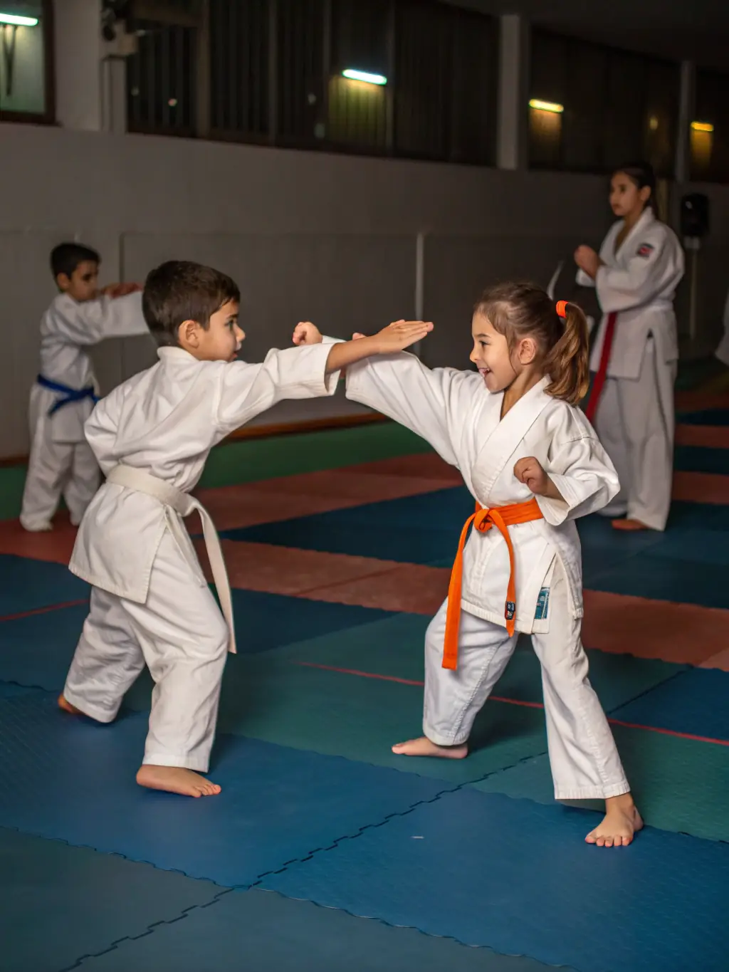 A group of children in karate uniforms practicing basic stances under the guidance of an instructor at KCSSA.