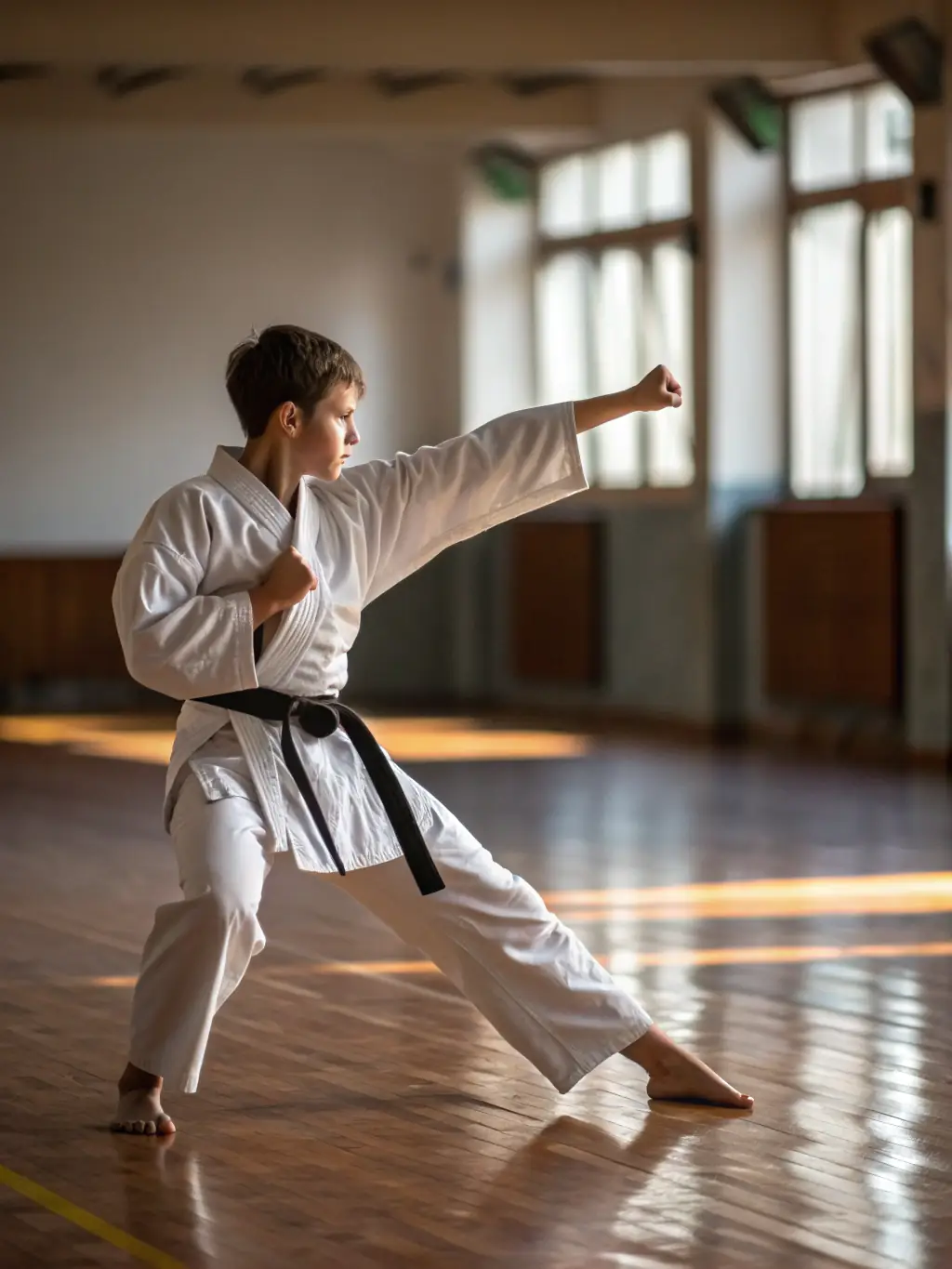 A focused image of a KCSSA student practicing a precise karate technique, demonstrating concentration and discipline.