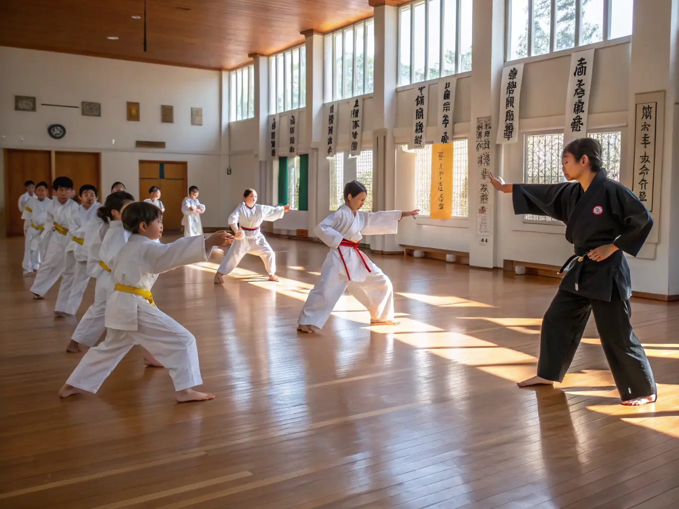 A diverse group of karate students practicing basic stances in a well-lit dojo, showcasing different age groups and skill levels, emphasizing inclusivity and community.
