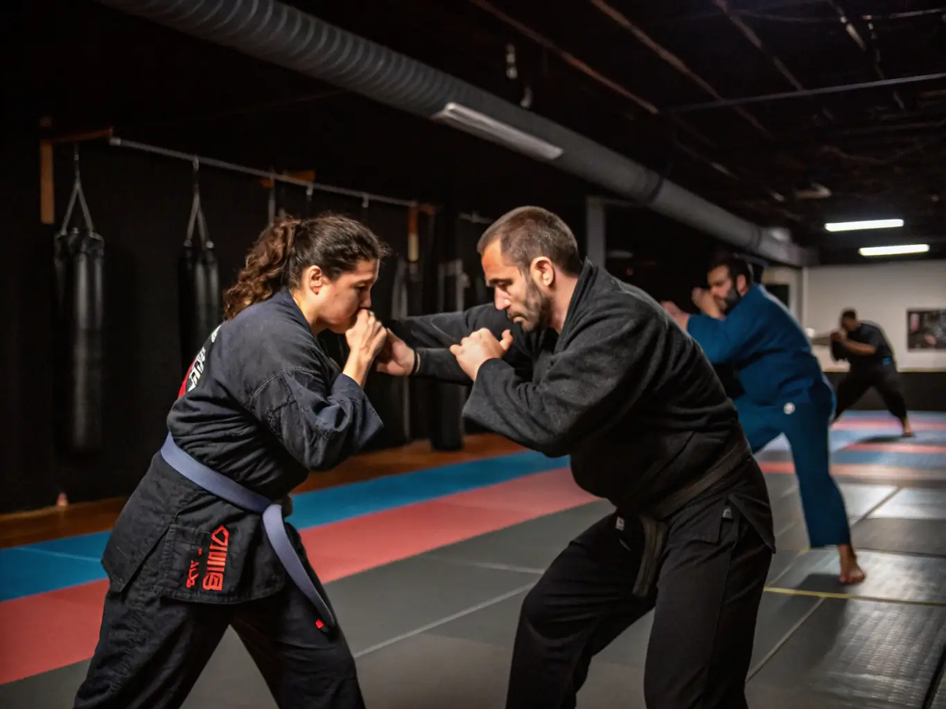 A group of karate students participating in a self-defense workshop, practicing practical techniques and scenarios, emphasizing empowerment and safety.