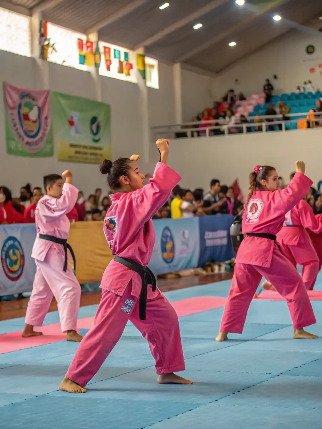 A diverse group of KCSSA members participating in a karate tournament, showcasing their skills and sportsmanship.